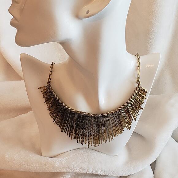 Accessorize Jewelry - Accessorize Aztec Style Metal Bar Drop Fringe Bib Statement Necklace Gold tone